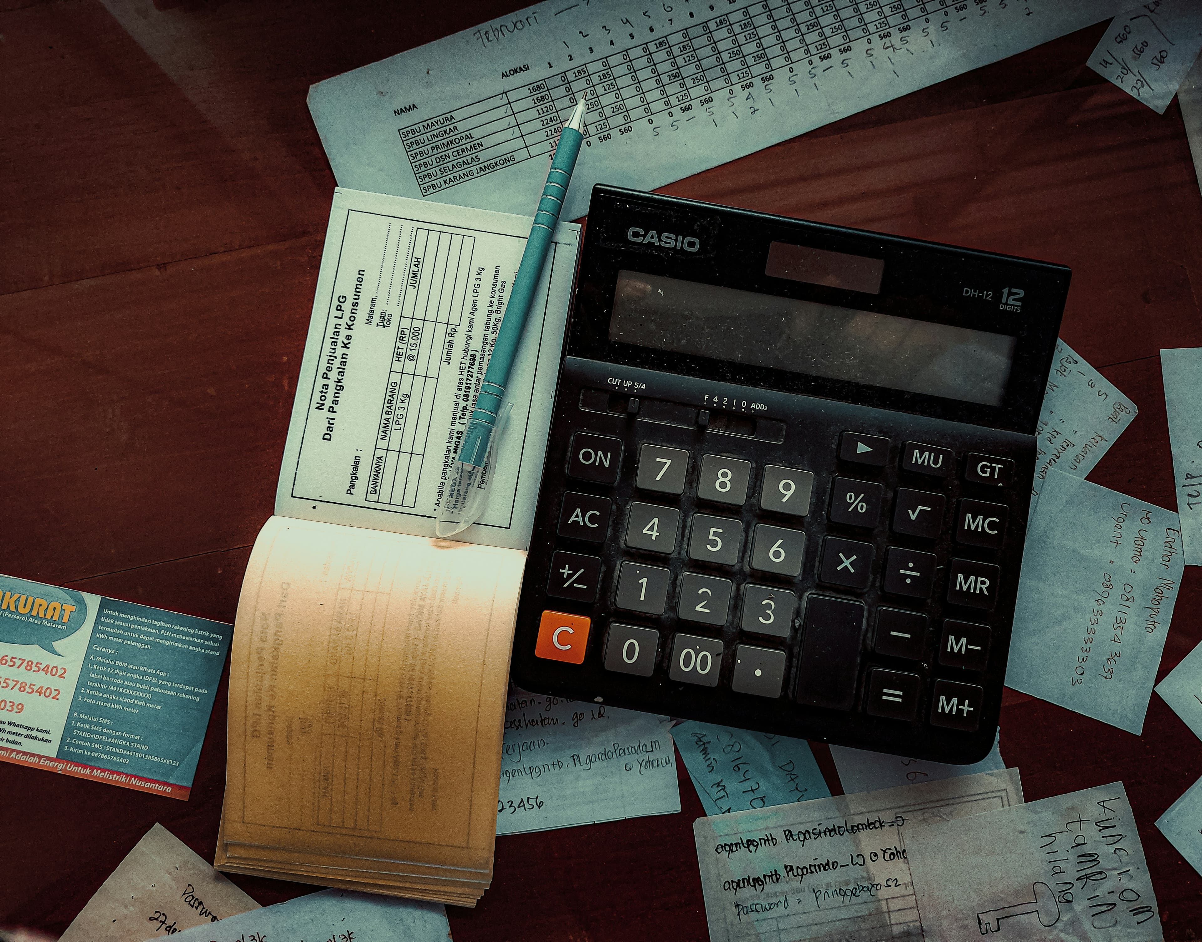 Calculator and receipts showing manual bookkeeping